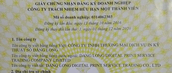 CÔNG TY TNHH THƯƠNG MẠI DỊCH VỤ IN KỸ THUẬT SỐ ĐẰNG LONG